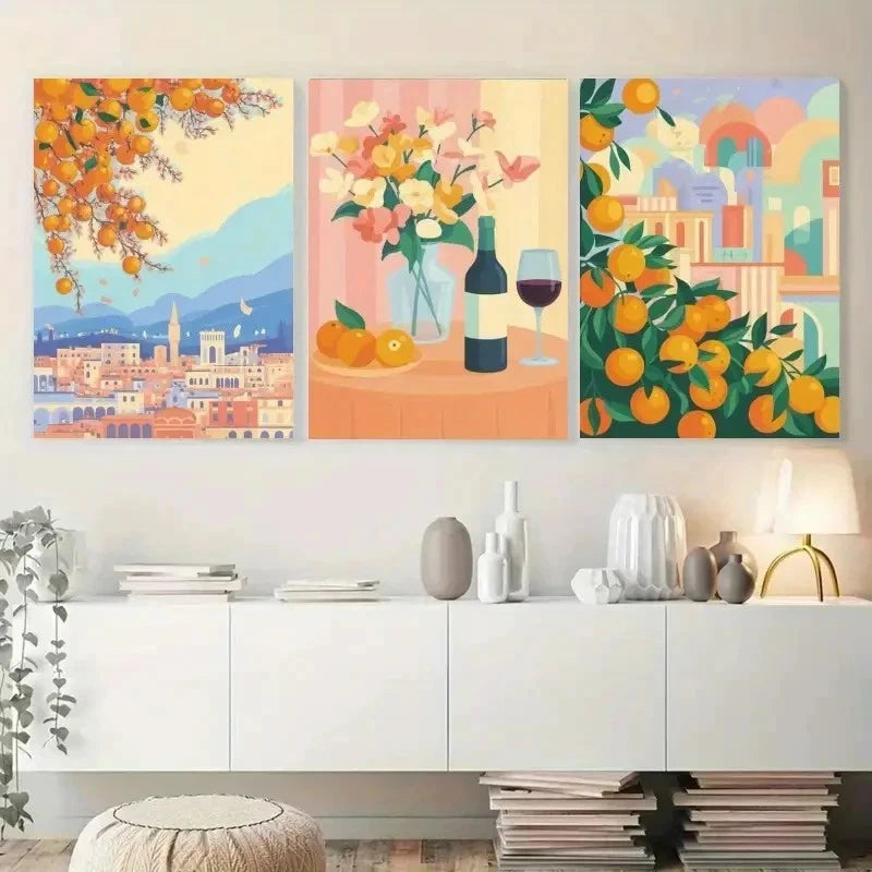 3pcs Oranges Wine Bottle Cityscape Glass Flowers Metal Print Ready to Hang Art