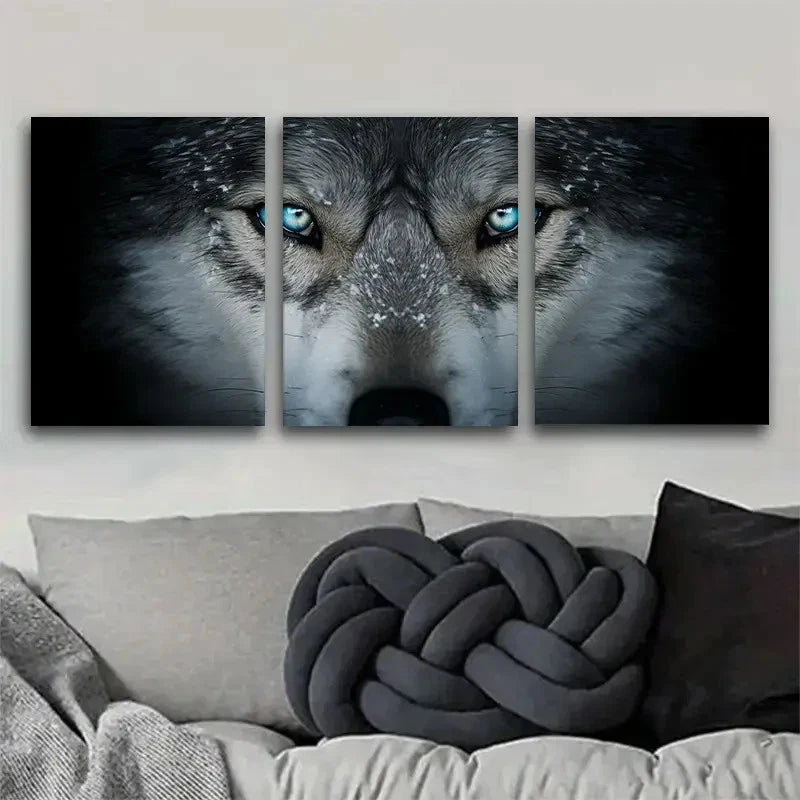 3pcs Wolf with Blue Eyes and Sharp Teeth Metal Print Ready to Hang Art