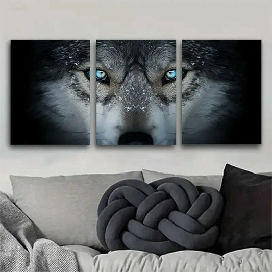 3pcs Wolf with Blue Eyes and Sharp Teeth Metal Print Ready to Hang Art