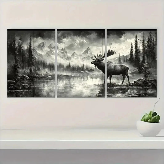 Triptych wall art of a moose in a forest with mountains, displayed on a wall.