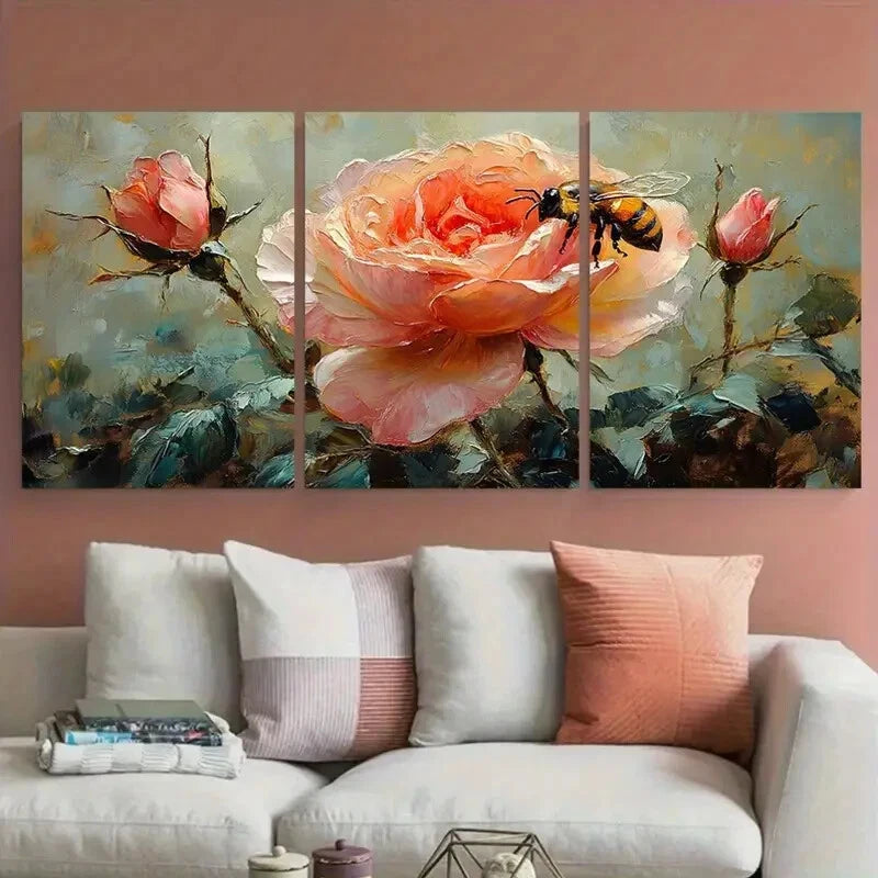 3pcs Vibrant Rose Flowers with Honeybee Design Metal Print Ready to Hang Art