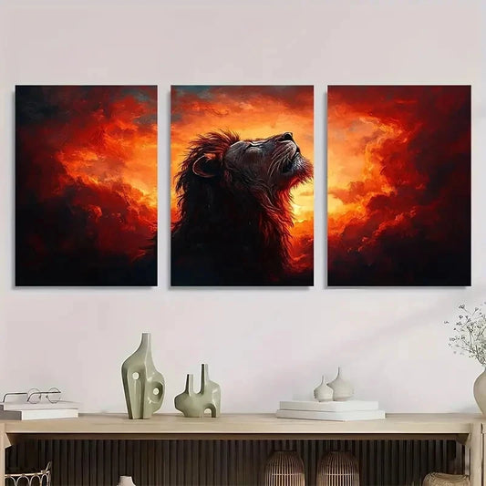 3pcs Lion Of Judah Painting Golden Metal Print Ready to Hang Art