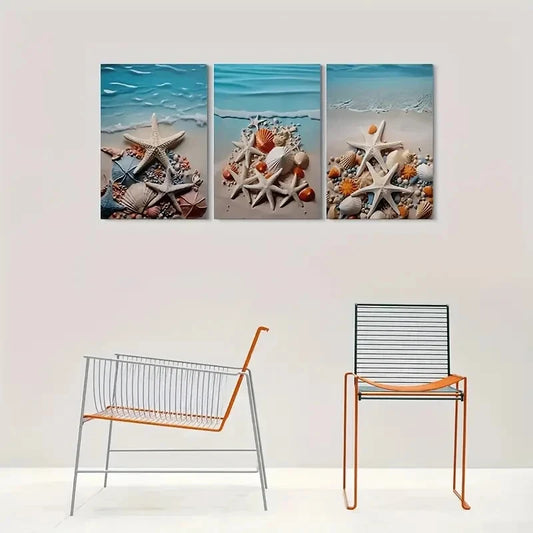3pcs Beach Theme Starfish and Seashell Metal Print Ready to Hang Art