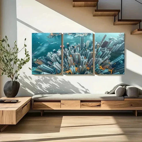 3pcs Cityscape Skyscraper Waterfront Wall Art Canvas Unframed - High Quality Print 100% Australian Made Wall Canvas
