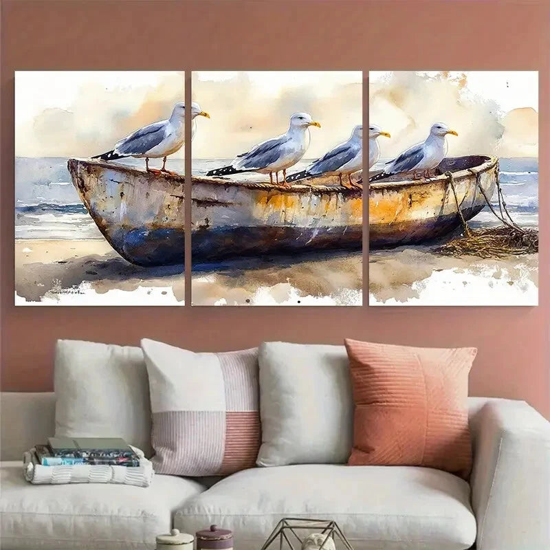 3pcs Seagulls on Old Fishing Boat Metal Print Ready to Hang Art