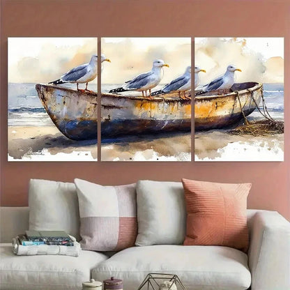3pcs Seagulls on Old Fishing Boat Metal Print Ready to Hang Art