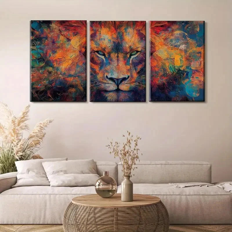 3pcs Dynamic Three-Sided Colorful Lion Portrait Metal Print Ready to Hang Art