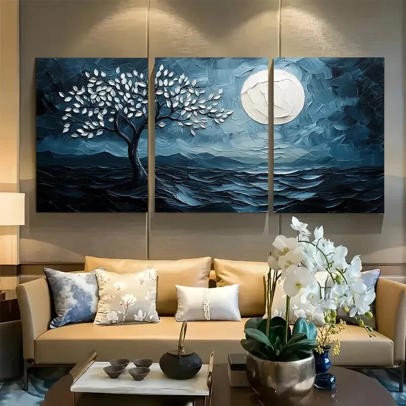 3pcs Elegant Black Tree & White Leaves Metal Print Ready to Hang Art