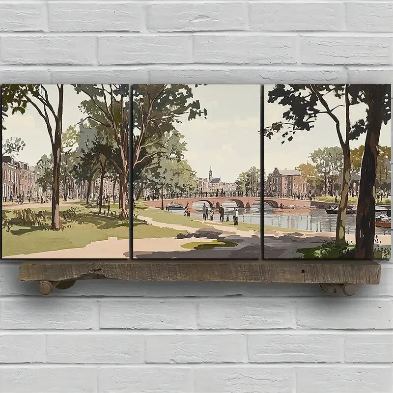 3pcs Bridges And Scenery on The Water Surface Metal Print Ready to Hang Art