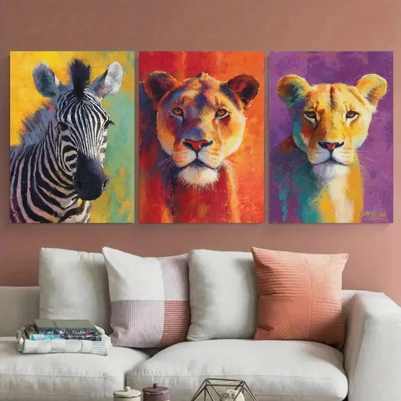 3pcs Lion and Zebra Vibrant Illustration Wall Art Set Canvas Framed 50x70cm - High Quality Print 100% Australian Made Wall Canvas Ready to Hang