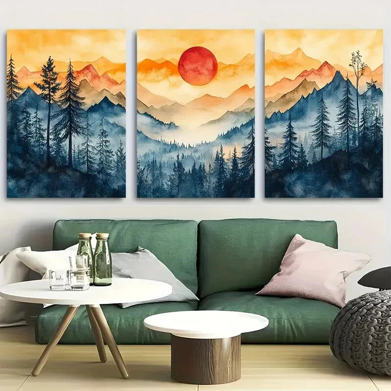 3pcs Vibrant Colorful Mountain Watercolor Nature Metal Print Ready to Hang Art