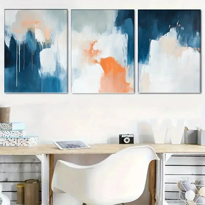 3pcs Abstract Blue Orange & White Metal Print Ready to Hang Art