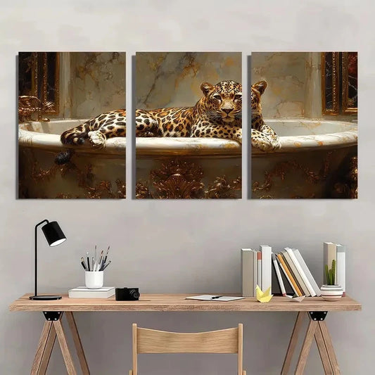 3pcs Leopard Lounging on The Edge of an Ornate Wall Art Set Canvas Framed 40x60cm - High Quality Print 100% Australian Made Wall Canvas Ready to Hang