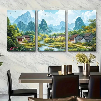 3pcs Guangxi Village & Karst Mountain Poster Metal Print Ready to Hang Art