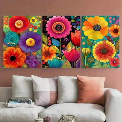 3pcs Vintage Mexican Floral Illustration Wall Art Set Canvas Framed 50x70cm - High Quality Print 100% Australian Made Wall Canvas Ready to Hang