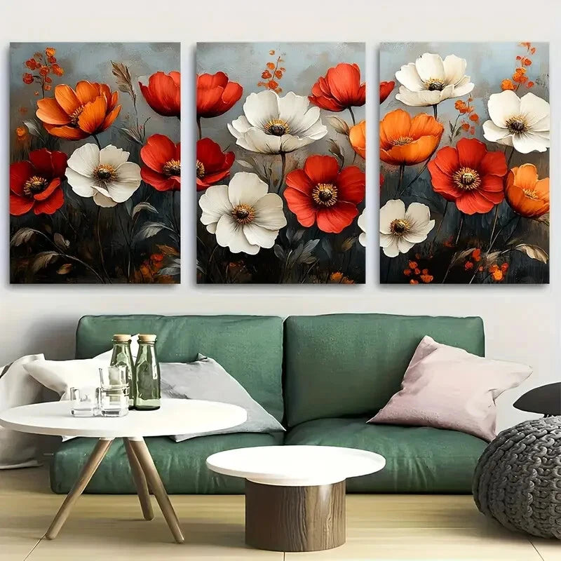 3pcs Featuring Red White and Orange Poppies Bloom Metal Print Ready to Hang Art
