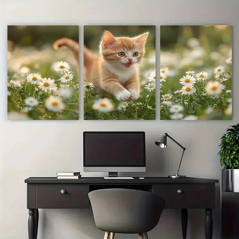 3pcs Excited Kitten Daisies Illustration Metal Print Ready to Hang Art