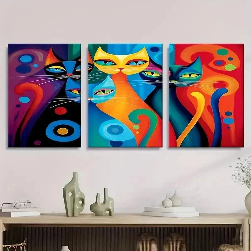 3pcs Colorful Cat Lovers Abstract Design Wall Art Set Canvas Framed 50x70cm - High Quality Print 100% Australian Made Wall Canvas Ready to Hang