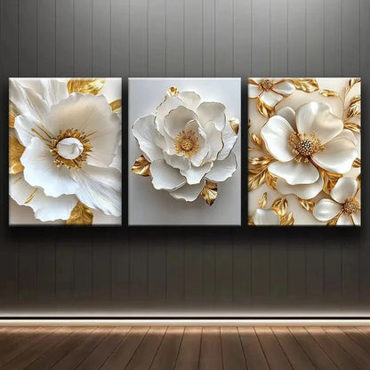 3pcs Elegant Floral Golden And White Flower Metal Print Ready to Hang Art