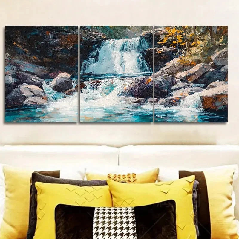 3pcs Cascaded River Painting Wall Art Set Canvas Framed 60x90cm - High Quality Print 100% Australian Made Wall Canvas Ready to Hang
