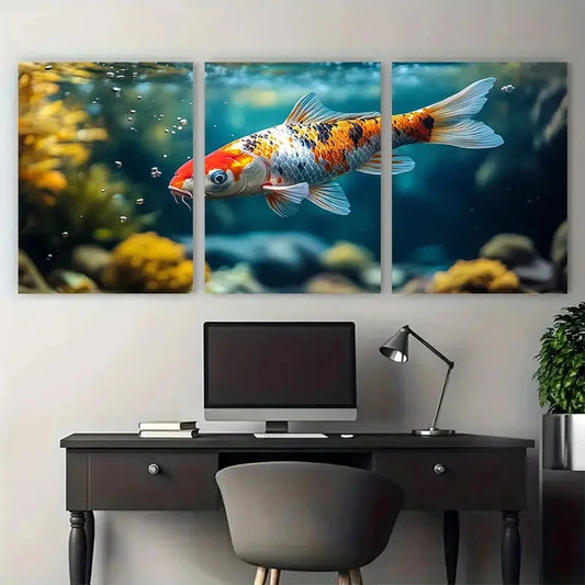 3pcs Vibrant Koi Carp Swimming in Water Design Metal Print Ready to Hang Art