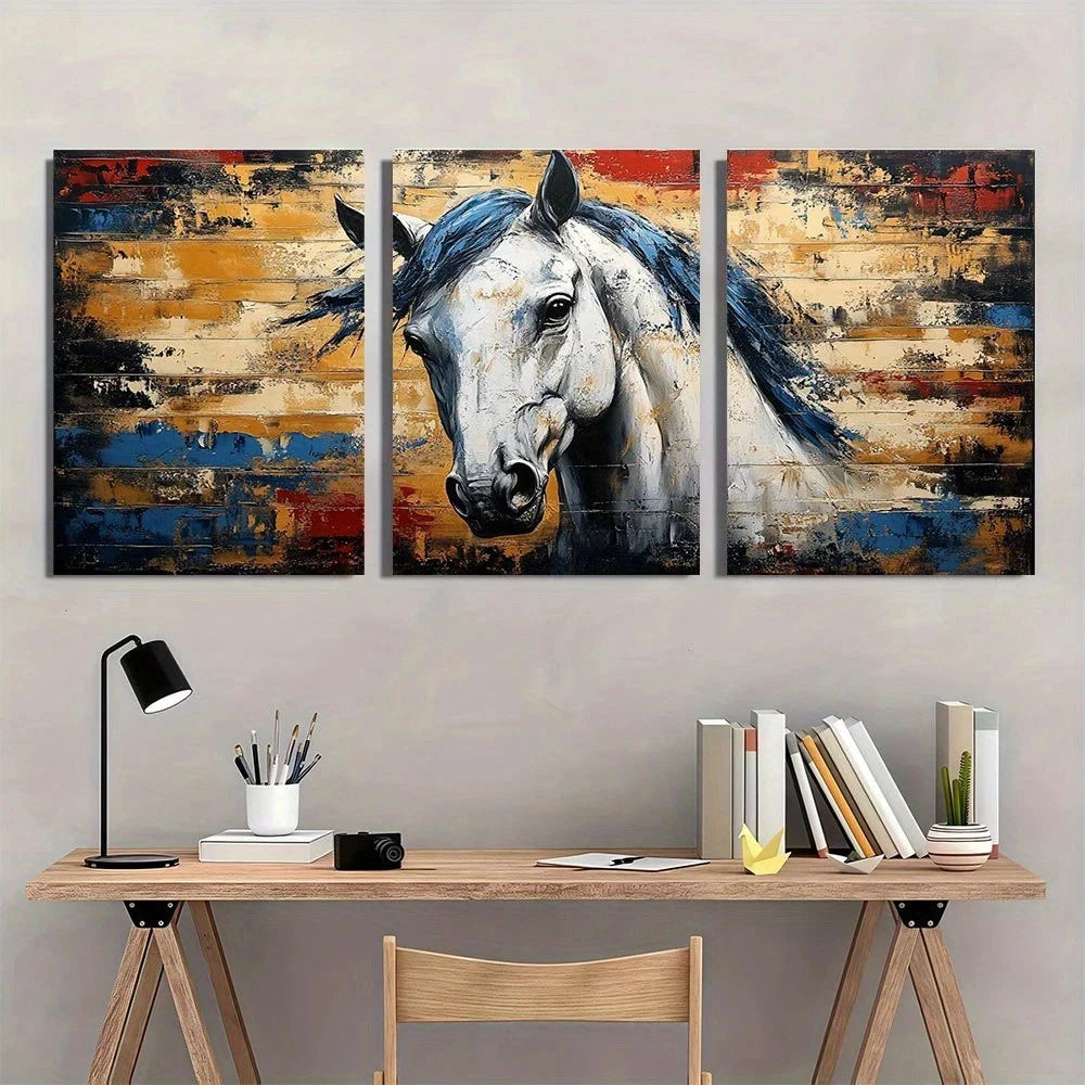 3pcs Vintage Abstract Horse Modern Metal Print Ready to Hang Art