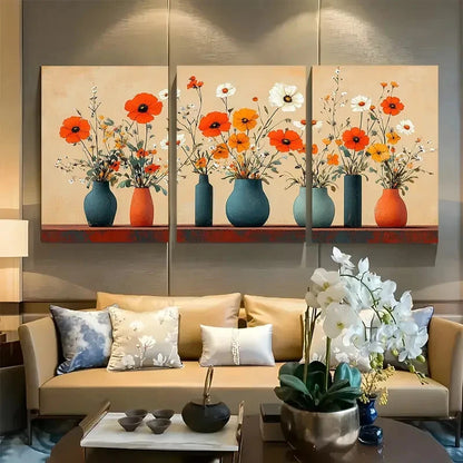 3pcs Modern Boho Colorful Flowers in Vases Metal Print Ready to Hang Art