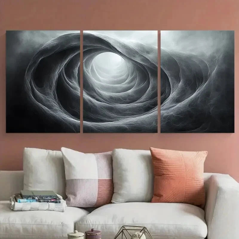 3pcs Monochrome Abstract Circular Modern Swirling Metal Print Ready to Hang Art