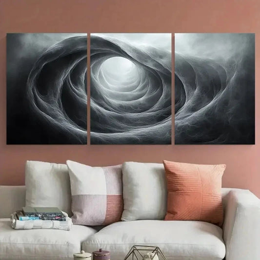 3pcs Monochrome Abstract Circular Modern Swirling Metal Print Ready to Hang Art
