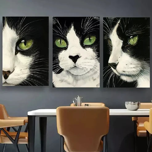 3pcs Black and White Cat Artwork Wall Art Canvas Unframed - High Quality Print 100% Australian Made Wall Canvas
