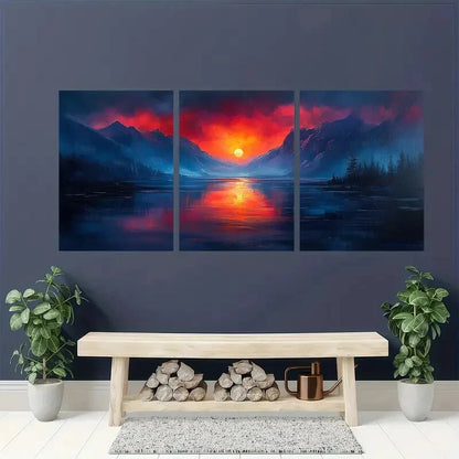 3pcs Vibrant Sunset & Mountain Landscape Scenery Metal Print Ready to Hang Art