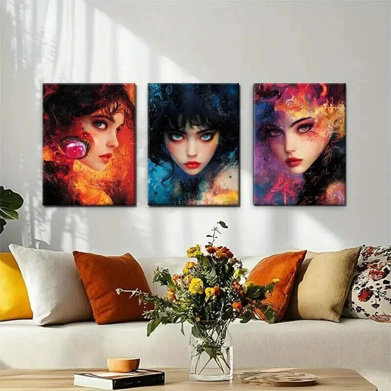 3pcs Mysterious Women Faces Vibrant Perfect Wall Art Set Canvas Framed 40x60cm - High Quality Print 100% Australian Made Wall Canvas Ready to Hang