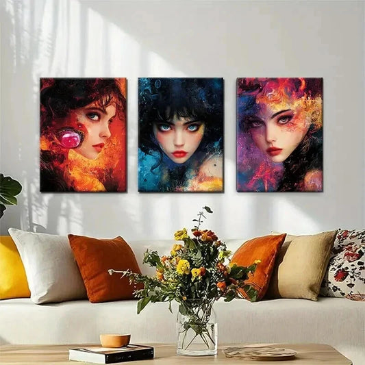 3pcs Mysterious Women Faces Vibrant Perfect Wall Art Set Canvas Framed 40x60cm - High Quality Print 100% Australian Made Wall Canvas Ready to Hang
