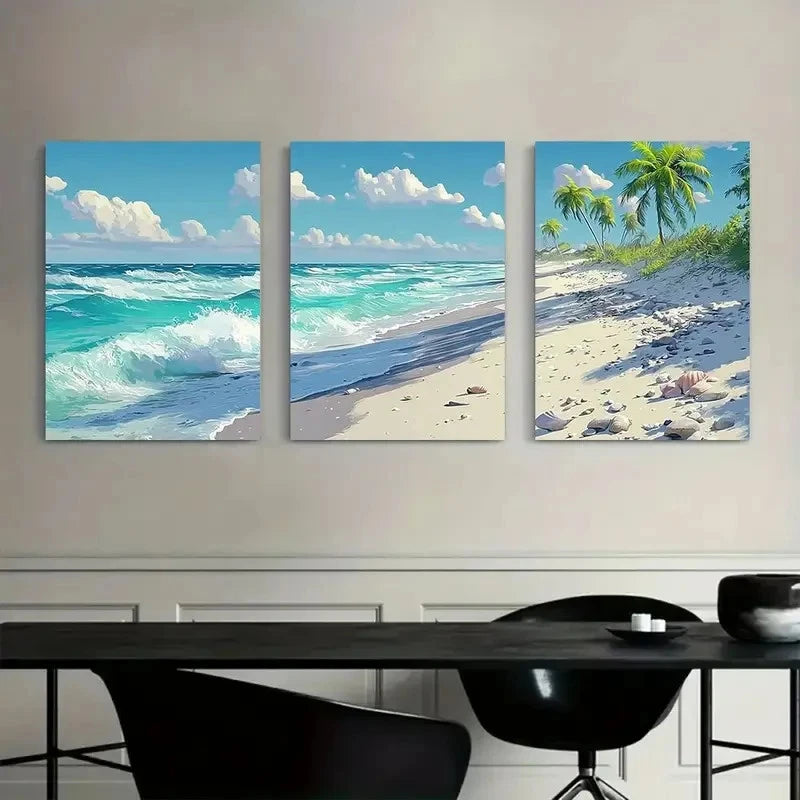 3pcs Beach with White Sand and Palm Trees Metal Print Ready to Hang Art