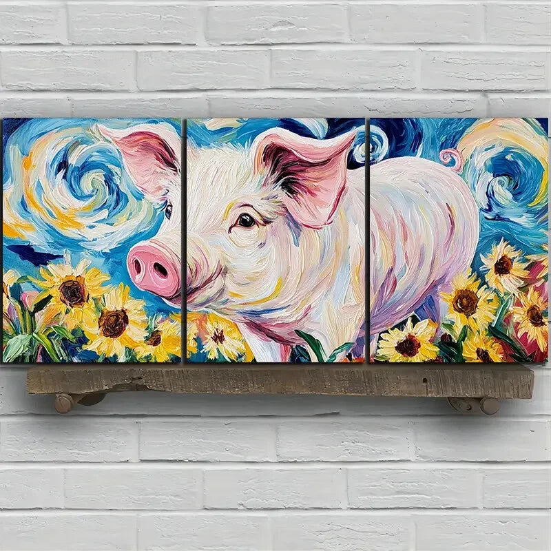 3pcs Pigs in The Fields Colourful Oil Painting Metal Print Ready to Hang Art