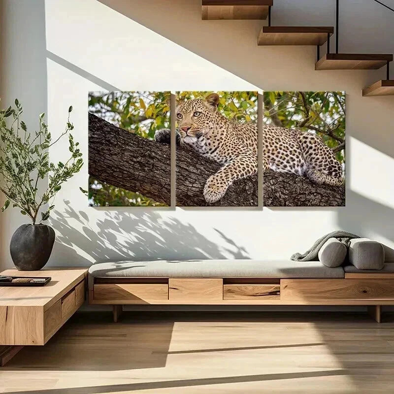 3pcs Leopard on a Tree Sleeping Decor Wall Art Set Canvas Framed 40x60cm - High Quality Print 100% Australian Made Wall Canvas Ready to Hang