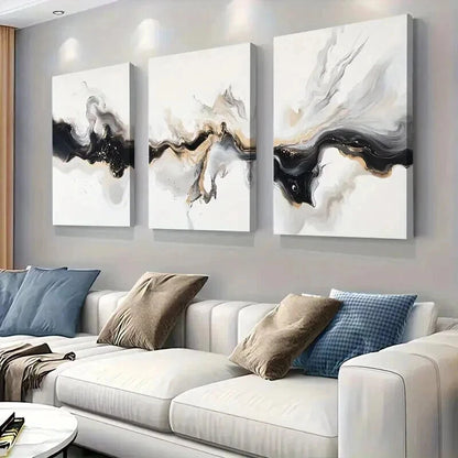 3pcs Elegant Black White And Golden Abstract Wall Art Set Canvas Framed 40x60cm - High Quality Print 100% Australian Made Wall Canvas Ready to Hang
