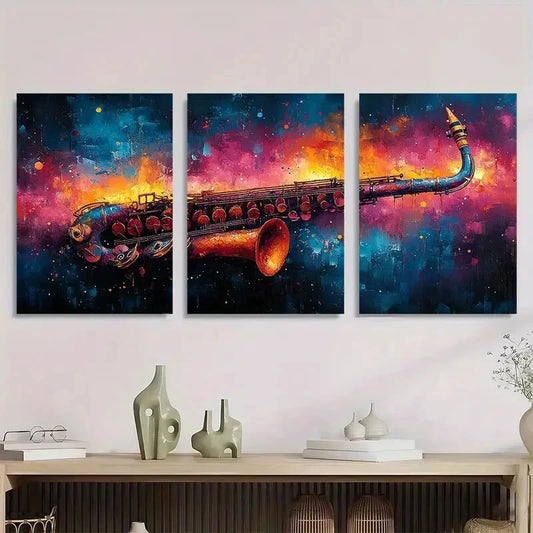 3pcs Vibrant Saxophone Colorful Abstract Metal Print Ready to Hang Art