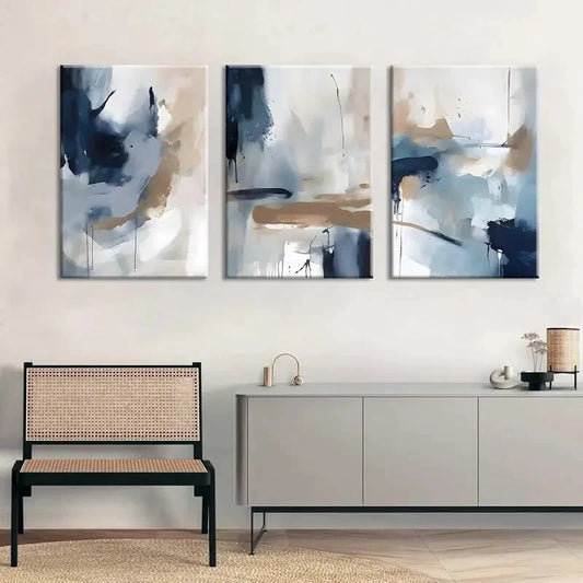 3pcs Navy Blue & Brown Abstract Modern Perfect Wall Art Set Canvas Framed 40x60cm - High Quality Print 100% Australian Made Wall Canvas Ready to Hang