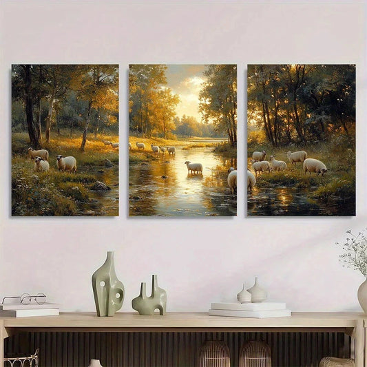 3pcs Serene Sheep and Tree River Metal Print Ready to Hang Art