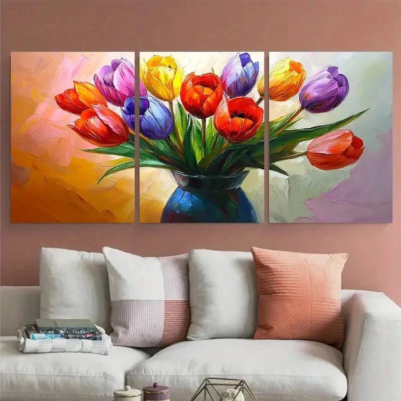 3pcs Vibrant Tulips in Blue Vase Illustration Metal Print Ready to Hang Art
