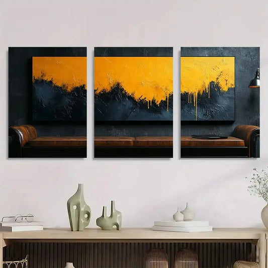 3pcs Abstract Dripping Bold Black & Yellow Metal Print Ready to Hang Art