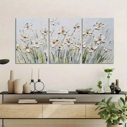 3pcs Vintage Daisy in Grass White Background Metal Print Ready to Hang Art