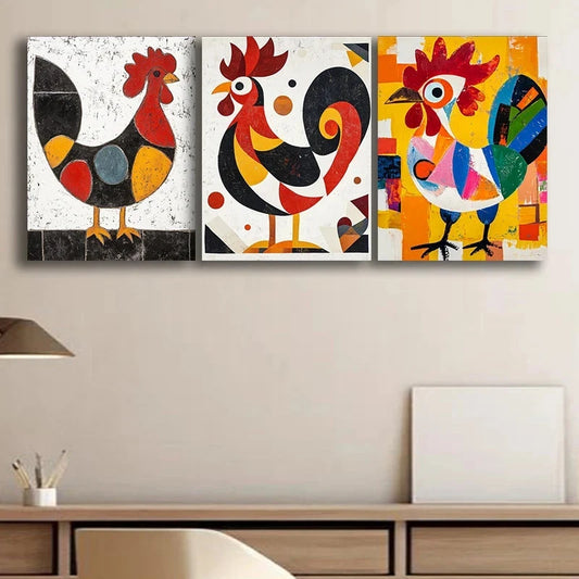 3pcs Abstract Rooster Colourful Metal Print Ready to Hang Art