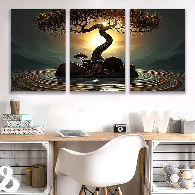 3pcs Bonsai Tree Sunset Vertical Nature Scenes Wall Art Set Canvas Framed 50x70cm - High Quality Print 100% Australian Made Wall Canvas Ready to Hang