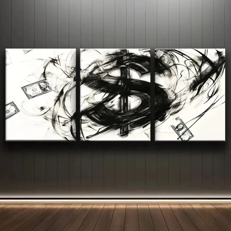 3pcs Modern Abstract Dollar Symbol and Money Metal Print Ready to Hang Art