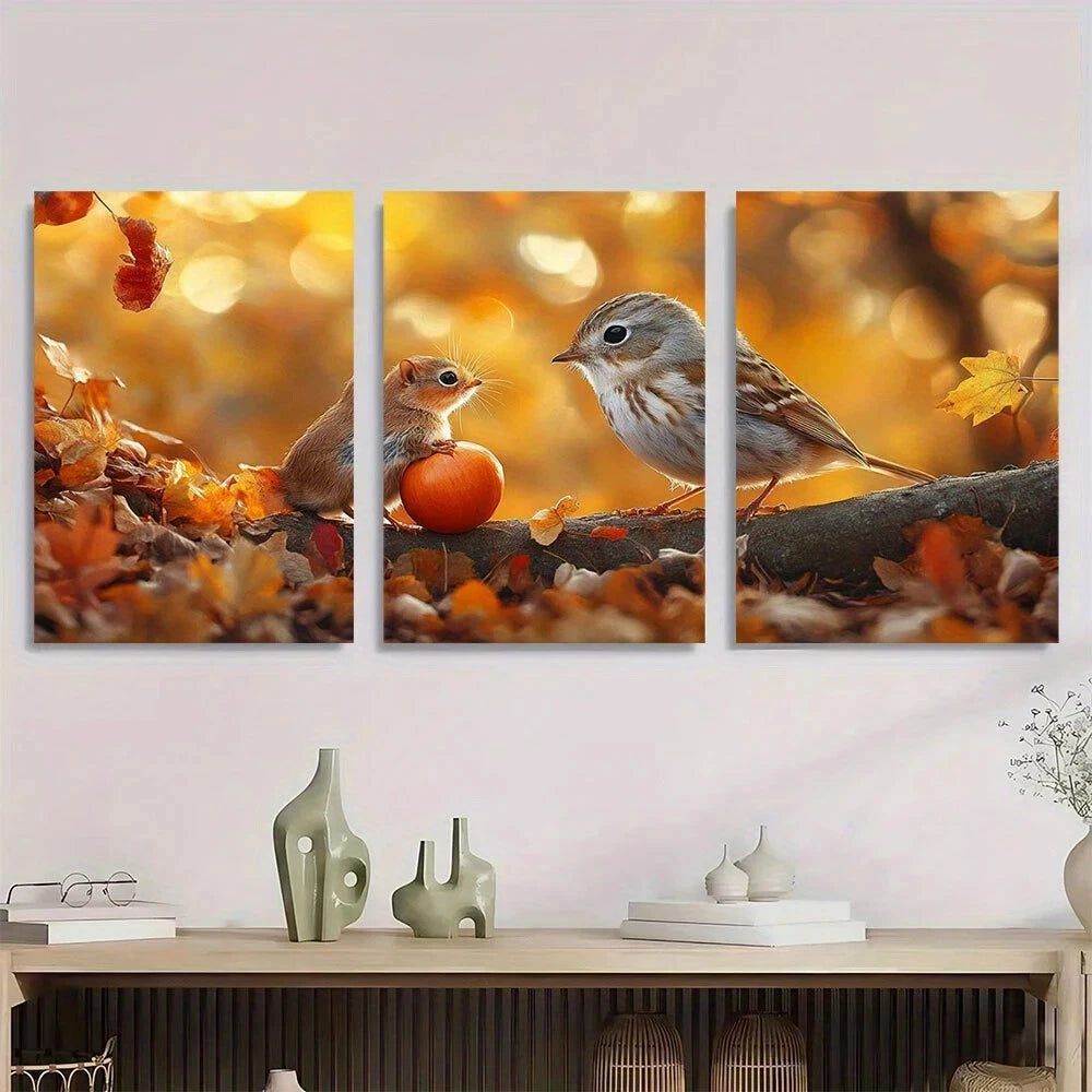 3pcs Adorable Autumn Vibrant Fall Leaves & Berries Metal Print Ready to Hang Art