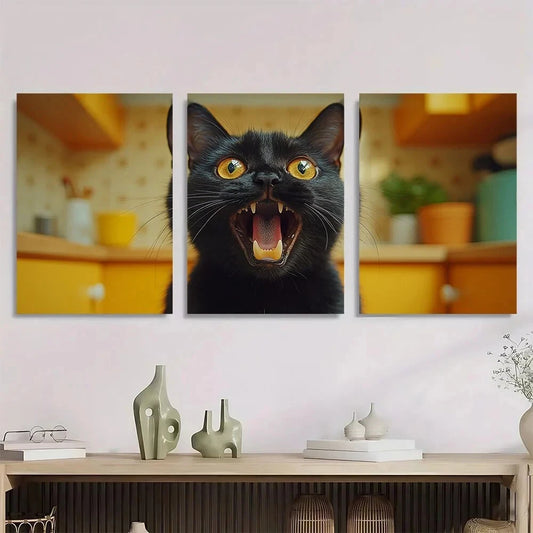 3pcs Whimsical Black Cat Brushing Teeth Animal Metal Print Ready to Hang Art