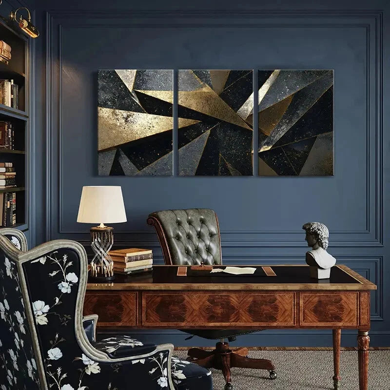 3pcs Abstract Golden Black Geometric Art Metal Print Ready to Hang Art