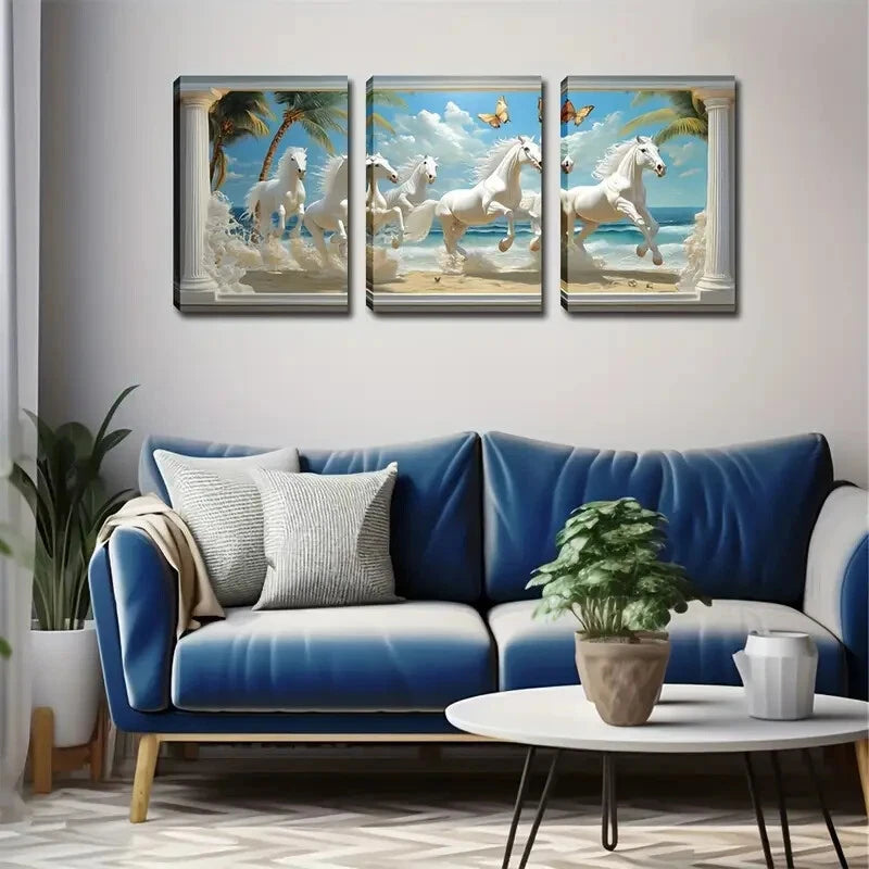 3pcs Six White Horses Beach Scene Perfect Wall Art Set Canvas Framed 40x60cm - High Quality Print 100% Australian Made Wall Canvas Ready to Hang
